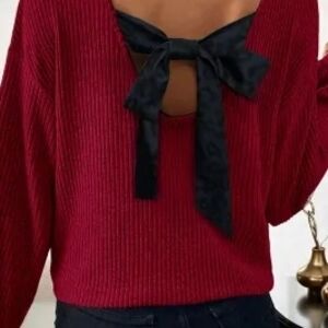 Elegant Red Sweater with Black Bow